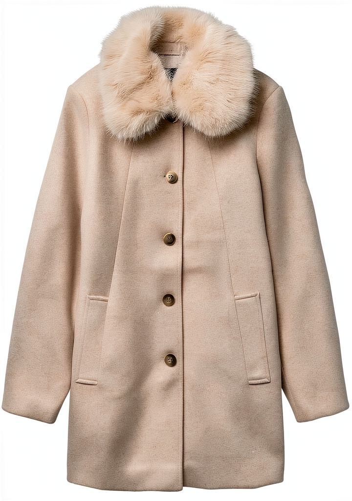 Installing Vero Moda cappotto donna colletto a risvolto farina d'avena on a wooden desk