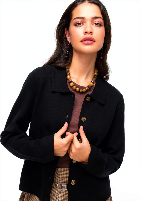Vero Moda Cardigan Donna Nero Colletto Polo Maniche Lunghe-3