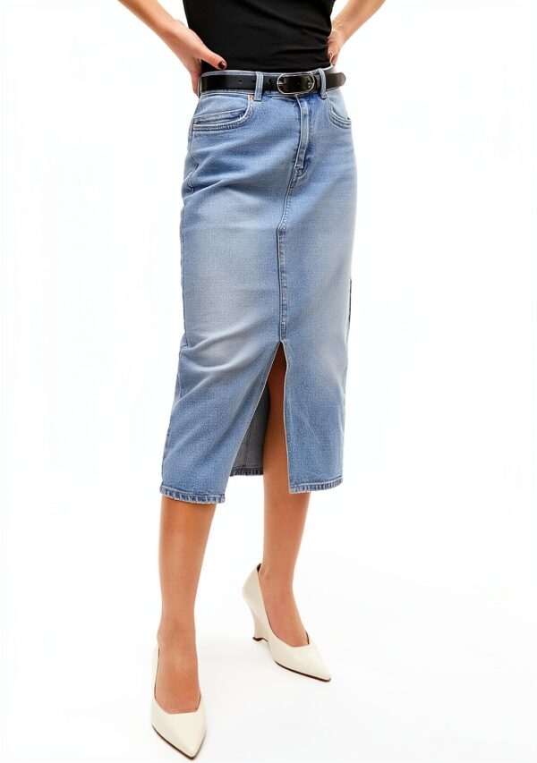 Gonna Denim VERO MODA High Waist Midi Azzurro Blu Vita Alta Elegante-5