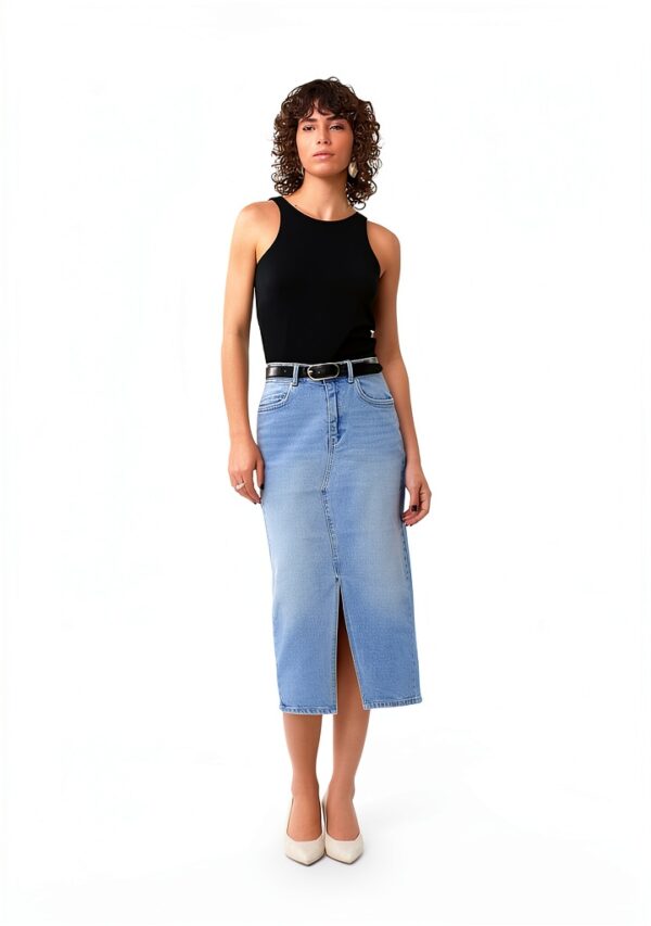 Gonna Denim VERO MODA High Waist Midi Azzurro Blu Vita Alta Elegante-4