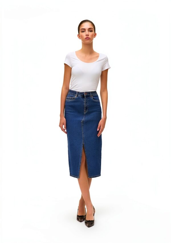 Gonna Denim VERO MODA High Waist Midi Azzurro Blu Vita Alta Elegante-5